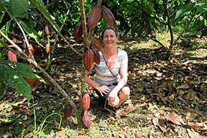 Gail under a cacao tree