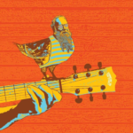bird sitting on a guitar in pastel colors