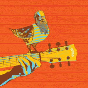 bird sitting on a guitar in pastel colors